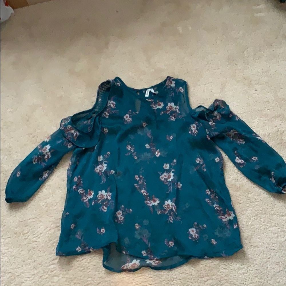 Forest green and floral sheer top, size Small